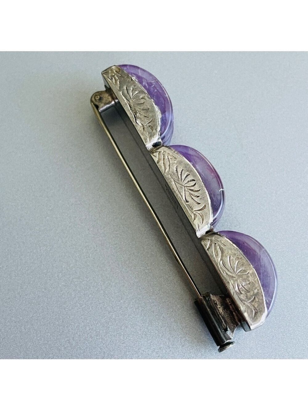 🎉Sold🎉 Antique Chinese Carved Amethyst Sterling Ribbed Rectangle Pin Brooch - Picture 7 of 13